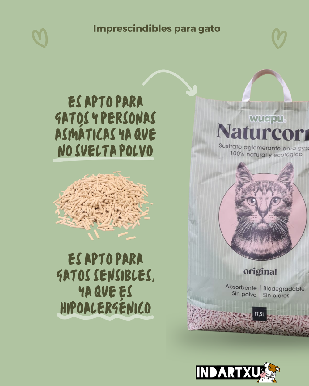 Arena aglomerante de maíz para gatos Wuapu NATURCORN – Sustrato Biodegradable