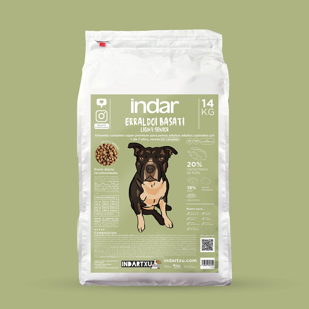 ALIMENTO COMPLETO PERRO RAZA GRANDE SIN CEREAL SUPER PREMIUM INDAR ERRALDOI BASATI LIGHT/SR