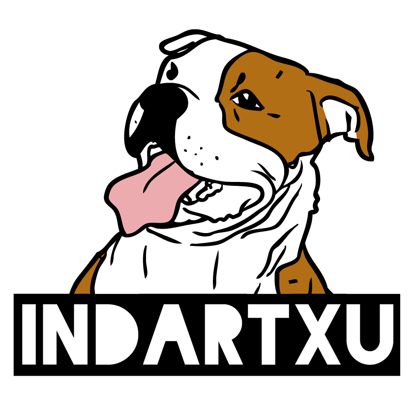 logotipo indartxu perro pitbull con la lengua fuera y la palabra INDARTXU en blanco sobre un bloque negro